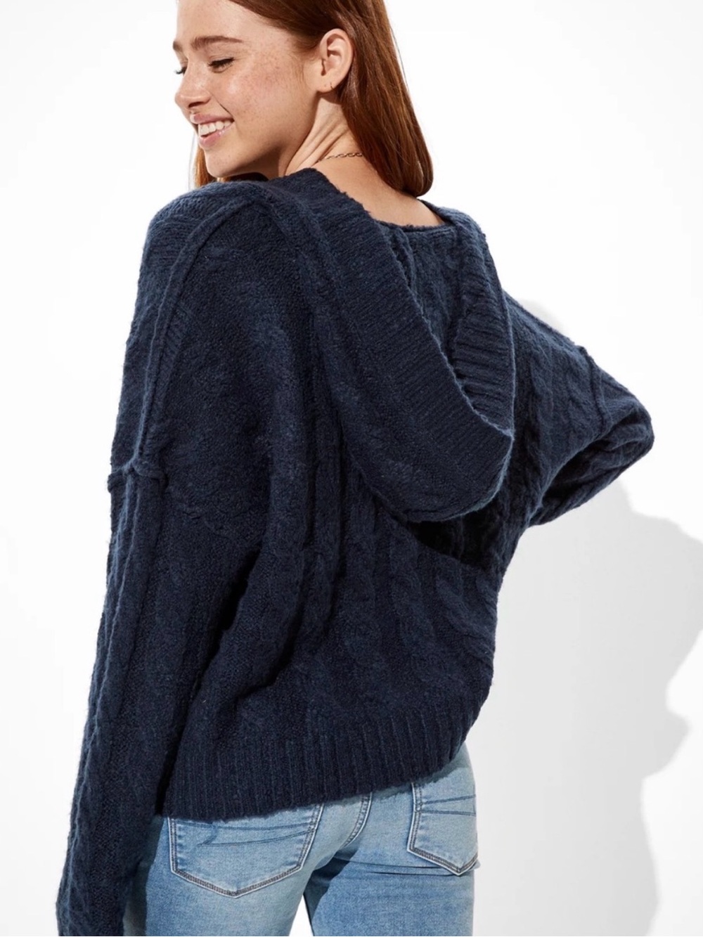 American Eagle Cozy Cable-Knit Navy Blue Hooded Sweater Size L New with Tags